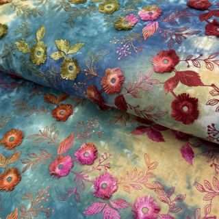 Țesătură din bumbac TIE DYE EMBROIDERY Poppy design S
