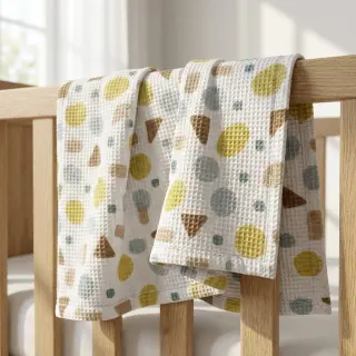 Țesătură din bumbac waffle Shapes yellow digital print