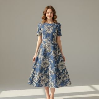 Țesătură din bumbac JEANS EMBROIDERY Bouquet blue