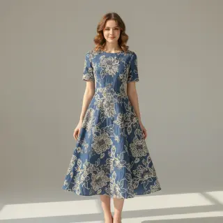 Țesătură din bumbac JEANS EMBROIDERY Bouquet blue