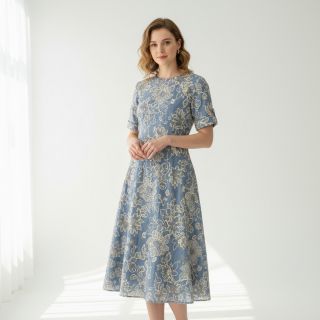 Țesătură din bumbac JEANS EMBROIDERY Bouquet light blue