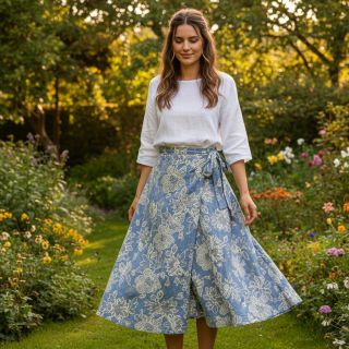 Țesătură din bumbac JEANS EMBROIDERY Bouquet light blue