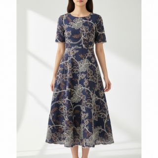 Țesătură din bumbac JEANS Embroidery leaves dark blue