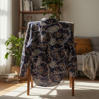 Țesătură din bumbac JEANS Embroidery leaves dark blue