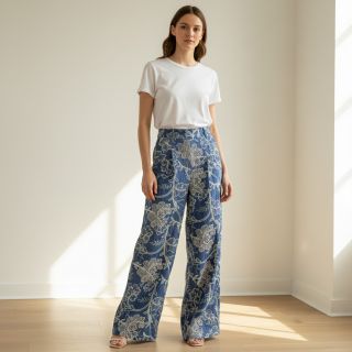 Țesătură din bumbac JEANS Embroidery leaves light blue