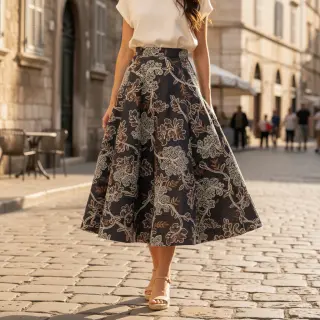 Țesătură din bumbac JEANS Embroidery leaves black