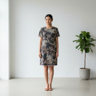 Țesătură din bumbac JEANS Embroidery leaves black