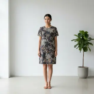 Țesătură din bumbac JEANS Embroidery leaves black