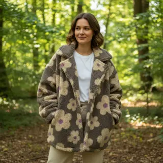 Stofă palton TEDDY JACQUARD Flowers taupe/beige