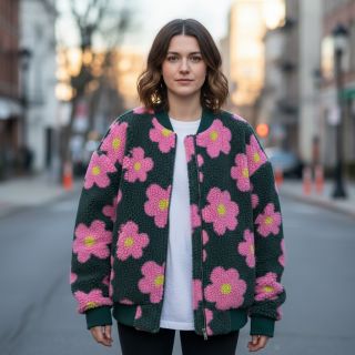 Stofă palton TEDDY JACQUARD Flowers army green/pink