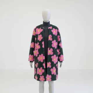 Stofă palton TEDDY JACQUARD Flowers army green/pink
