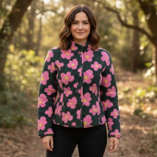 Stofă palton TEDDY JACQUARD Flowers army green/pink