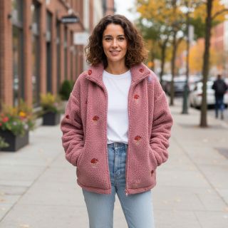 Stofă palton EMBROIDERY Little mushrooms old pink