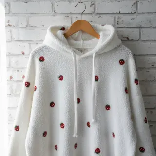Stofă palton TEDDY EMBROIDERY Strawberries white