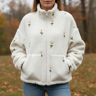 Stofă palton TEDDY EMBROIDERY Flowers off white