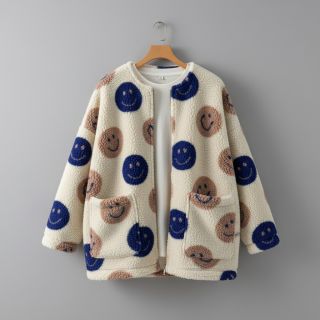 Stofă palton TEDDY JACQUARD Happy faces ecru