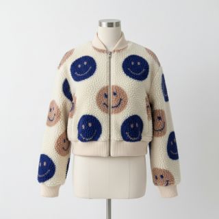 Stofă palton TEDDY JACQUARD Happy faces ecru