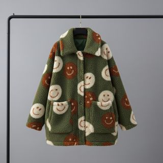 Stofă palton TEDDY JACQUARD Happy faces green