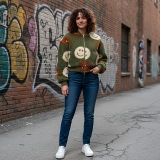 Stofă palton TEDDY JACQUARD Happy faces green