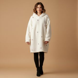 Stofă palton TEDDY EMBROIDERY Hearts ecru