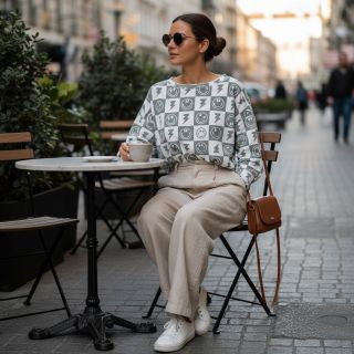 Tricot Happy faces square sage digital print