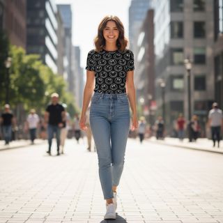 Tricot Happy faces black digital print