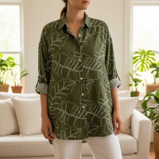 Viscoză cu in EMBROIDERY Leaves forest green