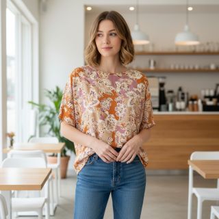 Viscoză SATIN Flowie Noe orange digital print