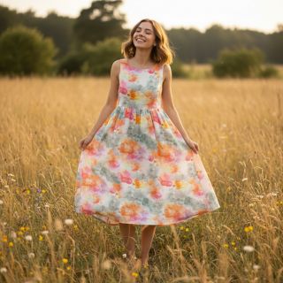 In cu bumbac Abstract flowers RAMIE orange digital print