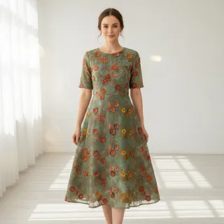 Țesătură din bumbac TIE DYE EMBROIDERY Poppy design O