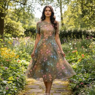 Țesătură din bumbac TIE DYE EMBROIDERY Poppy design N