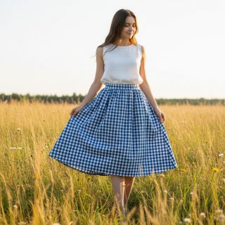 Țesătură din bumbac Check sky