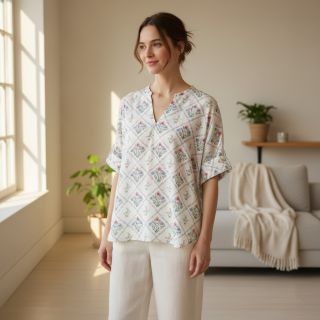 Țesătură din bumbac Flowers Tara off white design A digital print