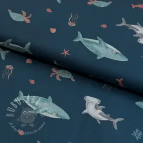 Țesătură din bumbac Sea life petrol digital print