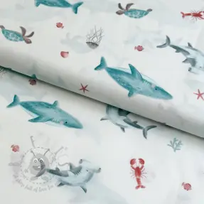 Țesătură din bumbac Sea life offwhite digital print