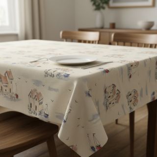 Țesătură decorativă Linenlook Seaside House View digital print