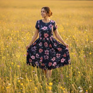 Țesătură din bumbac VISCOSE Flowers navy digital print