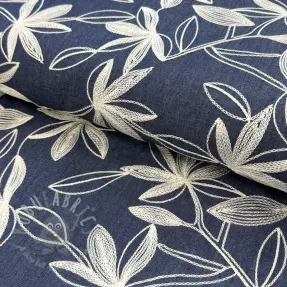 Țesătură din bumbac JEANS Embroidery Flowers white