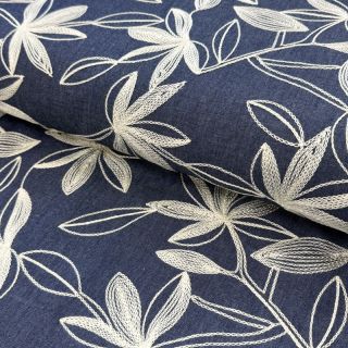Țesătură din bumbac JEANS Embroidery Flowers white