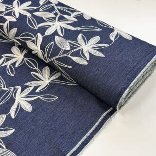 Țesătură din bumbac JEANS Embroidery Flowers white