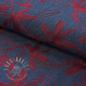 Țesătură din bumbac JEANS Embroidery Flowers burgundy