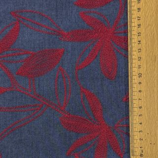 Țesătură din bumbac JEANS Embroidery Flowers burgundy
