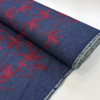 Țesătură din bumbac JEANS Embroidery Flowers burgundy
