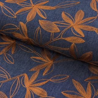 Țesătură din bumbac JEANS Embroidery Flowers camel