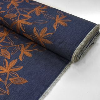 Țesătură din bumbac JEANS Embroidery Flowers camel