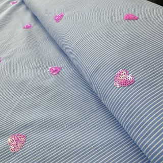 Țesătură din bumbac Stripes Sequins Hearts blue
