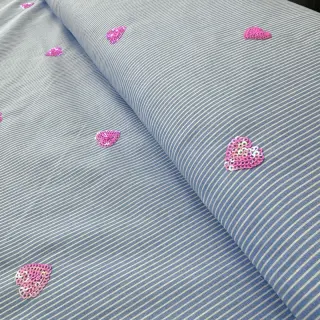 Țesătură din bumbac Stripes Sequins Hearts blue