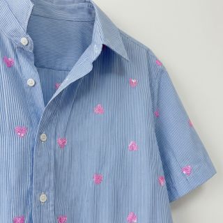 Țesătură din bumbac Stripes Sequins Hearts blue