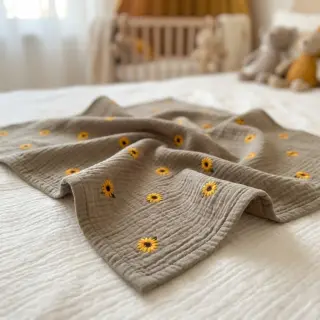 Mușelină EMBROIDERY Sunflowers beige