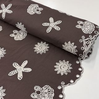 Țesătură din bumbac EMBROIDERY Sea ornaments brown